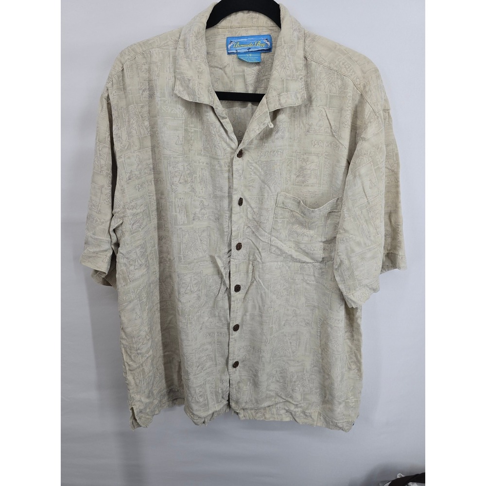 Bermuda Bay Mens Large Silk Camp Shirt Beige Tropical Jacquard Hula Short Sleeve